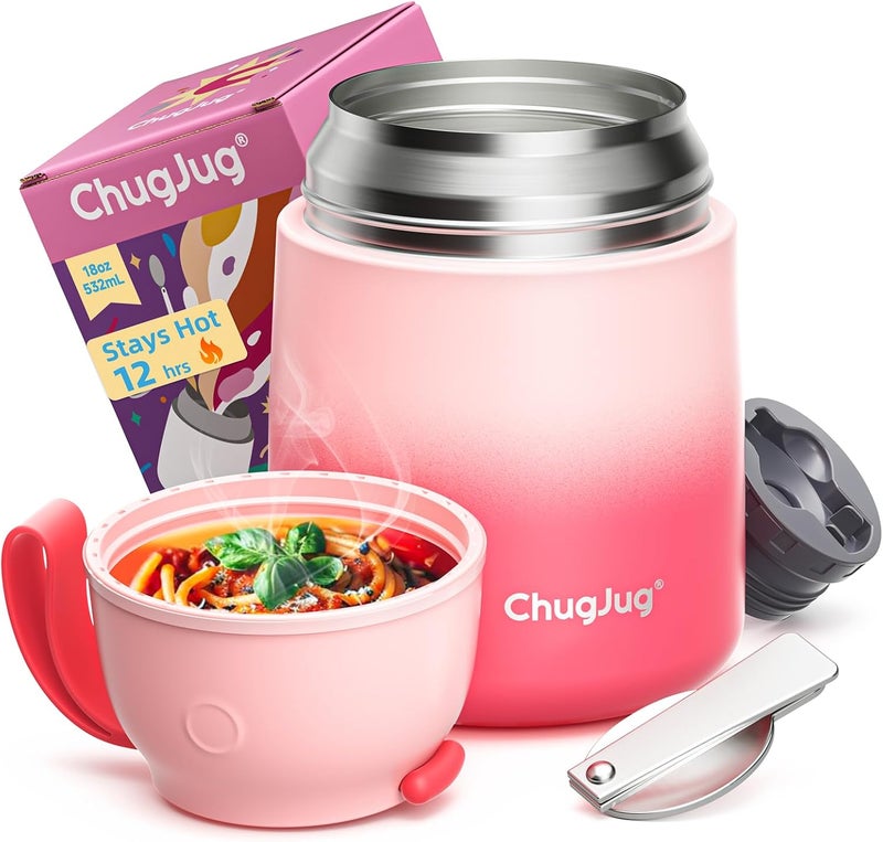 ChugJug Thermo for Hot Food for Adults Kids | Wide Mouth, 18 oz Insulated Food Jar with Spoon, Leakproof Soup Thermo for School Office Travel, Thermal Steel Lunch Container Easy to Carry (Pink) - Image 1